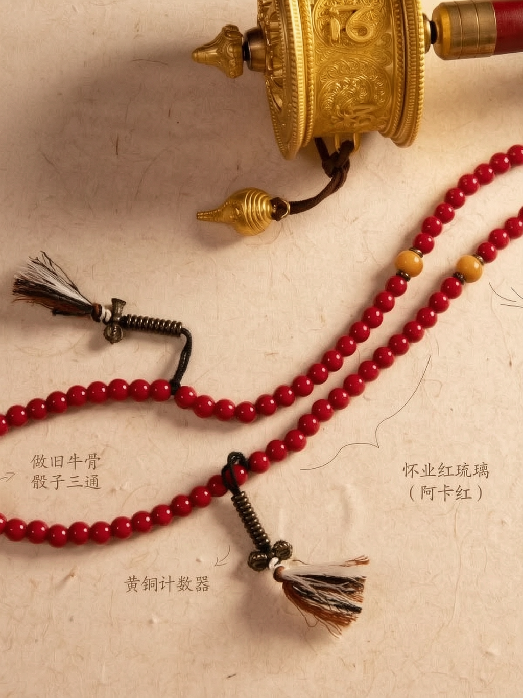 Huaiye Red Tibetan Liuli Glass 108 Mala in Light Tibetan Style