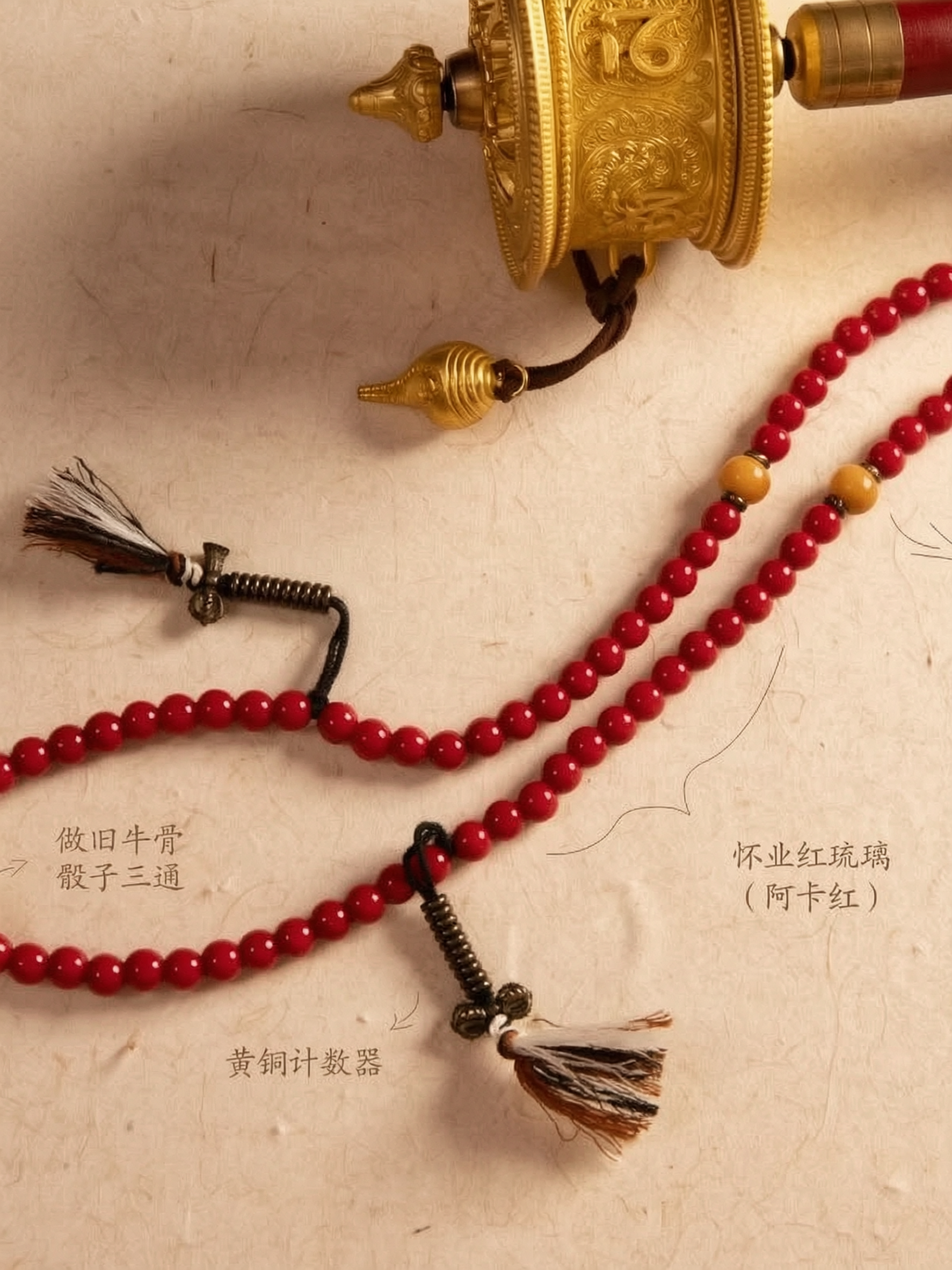 Huaiye Red Tibetan Liuli Glass 108 Mala in Light Tibetan Style