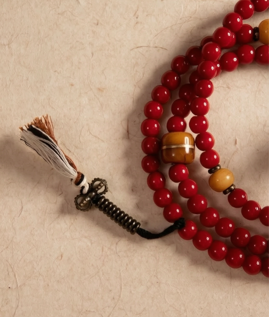 Huaiye Red Tibetan Liuli Glass 108 Mala in Light Tibetan Style