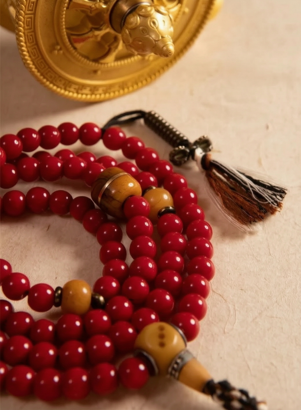 Huaiye Red Tibetan Liuli Glass 108 Mala in Light Tibetan Style