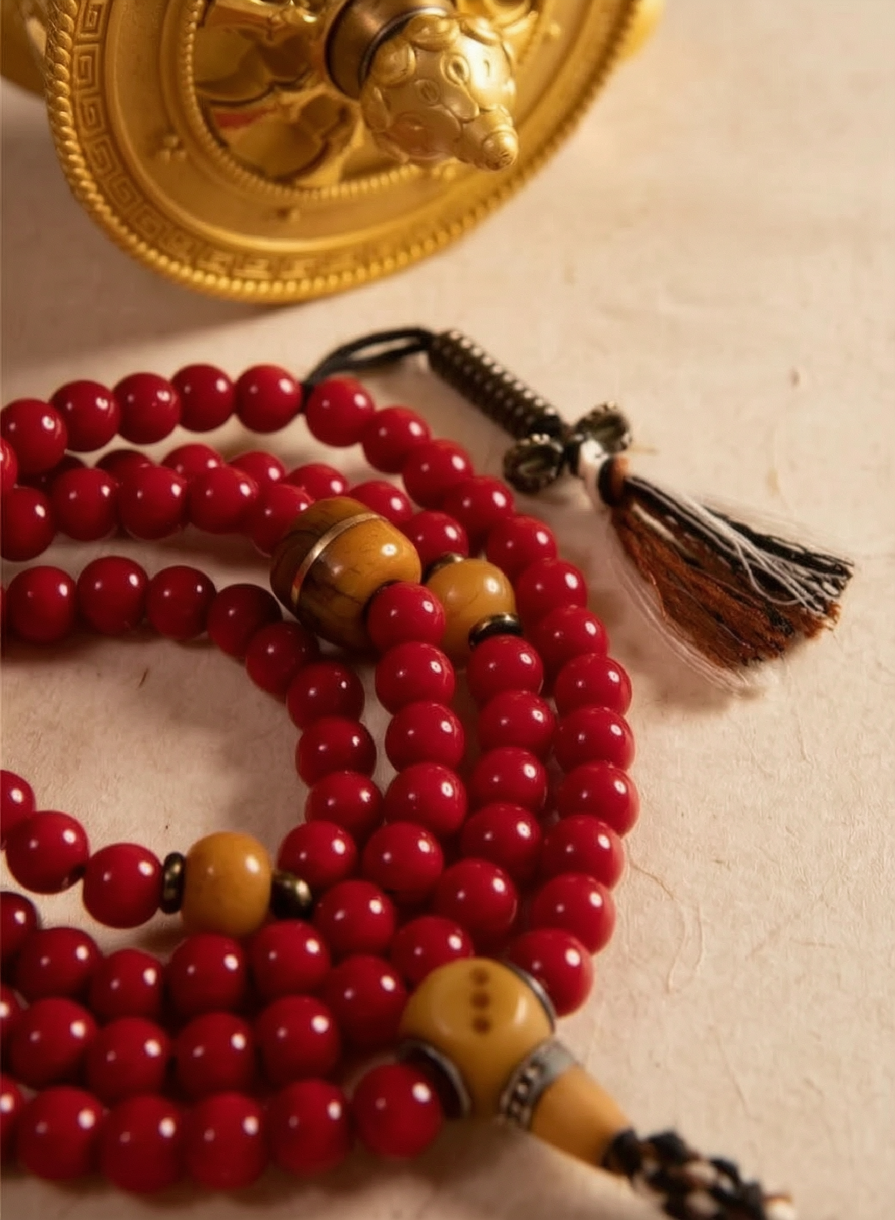 Huaiye Red Tibetan Liuli Glass 108 Mala in Light Tibetan Style