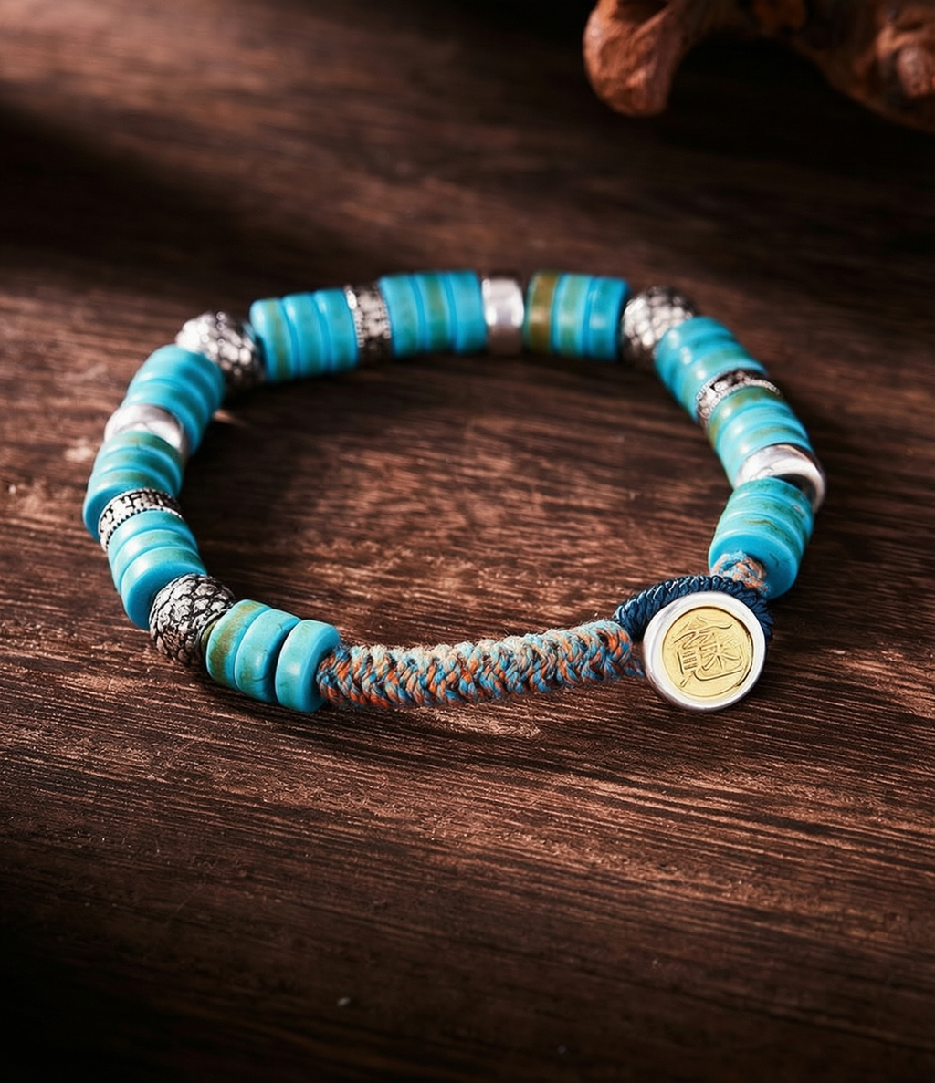 Disc Stack Turquoise Sterling Silver Braided Bracelet