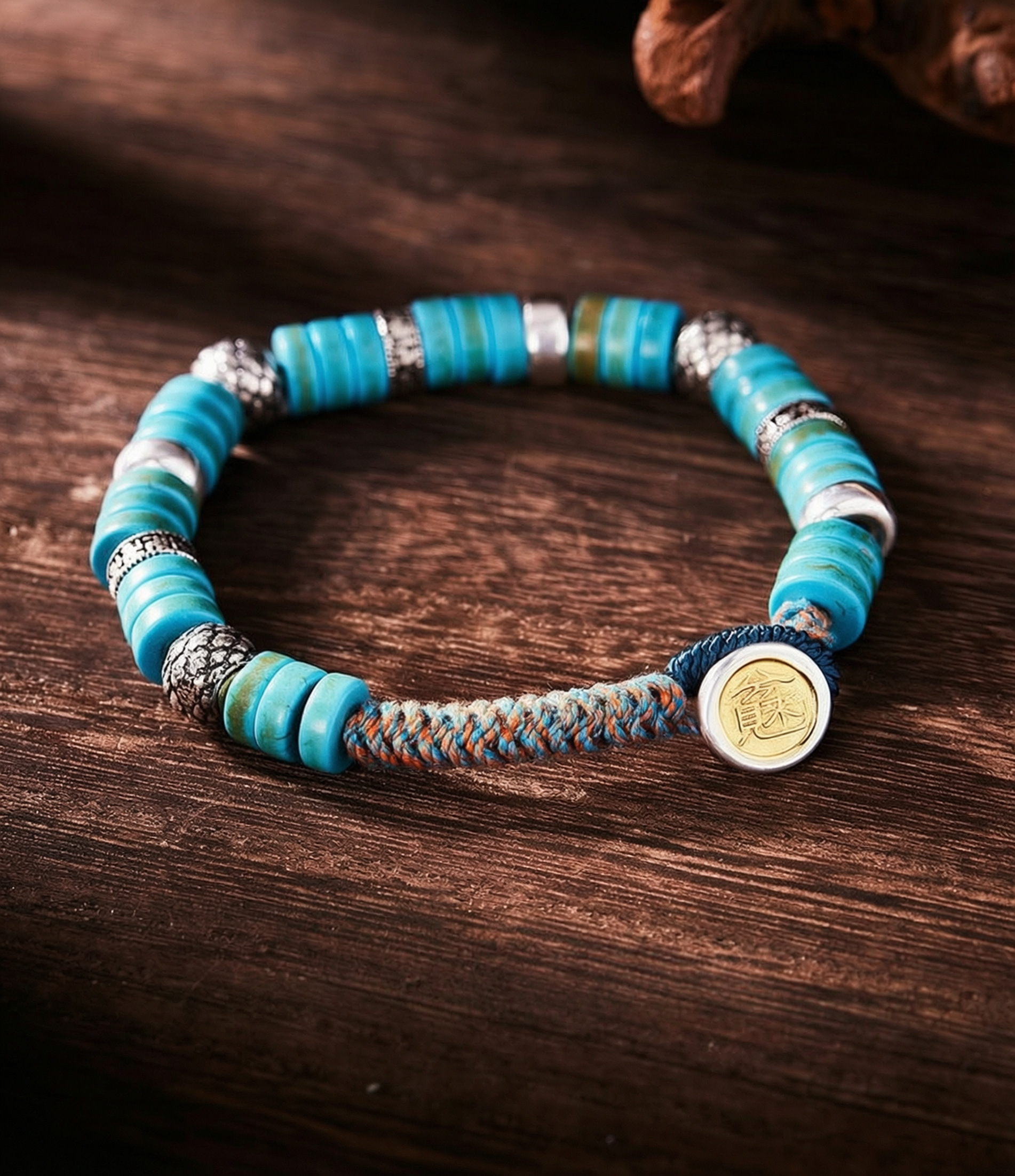 Disc Stack Turquoise Sterling Silver Braided Bracelet