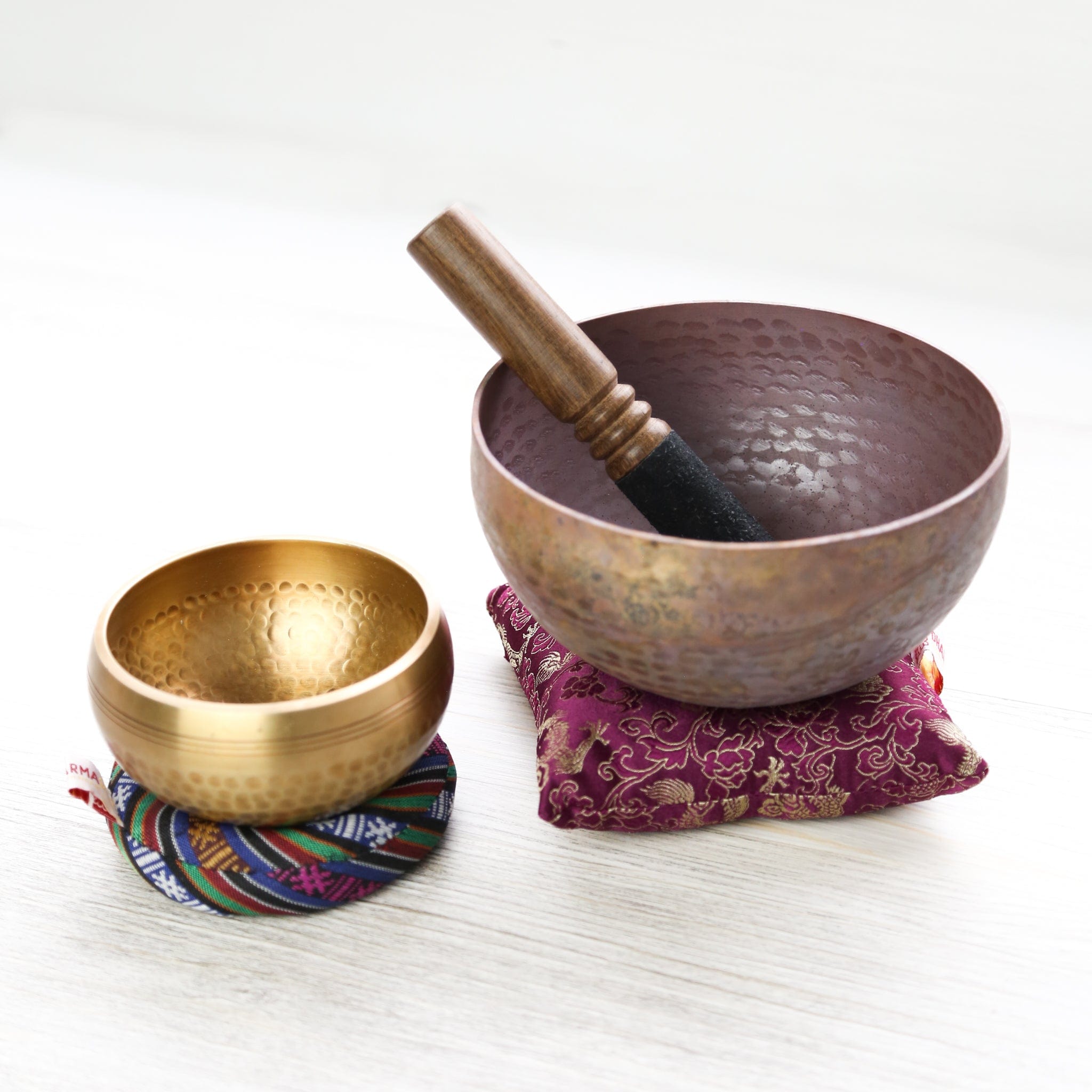 Tibetan Singing Bowl Duo: Hand Hammered & Fire Bowl Set